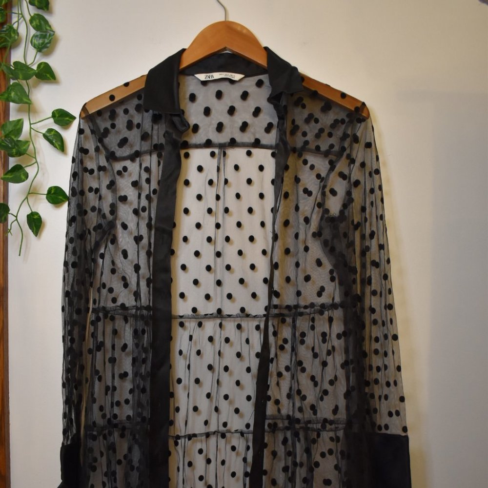 Zara Sheer Button Down Black Polka Dot Dress
